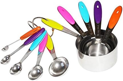 Measuring Cups and Measuring Spoons Set, Stainless Steel with Colorful Silicone Handles including Measurement Chart Magnet
