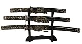 Set of 3 Mini Samurai Sword Black Wrapped Letter Openers w/Stand - Valor 8052, Swords Letter Openers