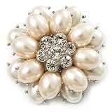 Bridal Pearl Style Dimensional Flower Brooch (Silver Tone)