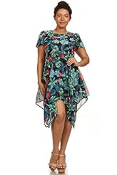 Plus Size Sheer Asymmetric Summer Floral Print Tropical Print Short Sleeves High-Neck Polyester  Dress
