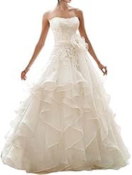 Strapless   Applique Organza/Satin Natural   Waistline  Ball Gown Wedding Dress  With Ruffles