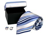 White, Blue, and Gold Striped Silk Necktie & Cufflinks