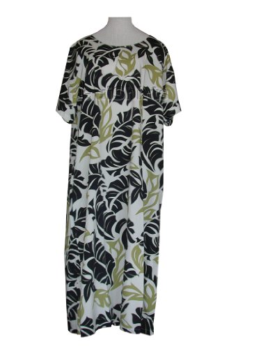 Round Neck Long Dress - Bold Banana Leaf Caftan Kaftan Style Hawaiian Aloha Evening Pullover Dress in Navy Blue & Olive on White - 4X Plus