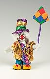 Clown Figurine - Colorful Suit & Umbrella, Hand-Painted, Posable, Porcelain, 7 Height