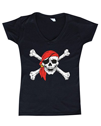Shop4Ever® Jolly Roger Skull Crossbones Women's V-Neck T-shirt Pirate Flag Shirts SLIM FIT