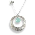 Hammered Sterling Silver Open Circle Pendant Necklace with Island Blue Chalcedony Stone, 18"