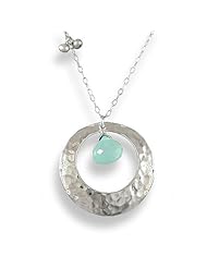 Hammered Sterling Silver Open Circle Pendant Necklace with Island Blue Chalcedony Stone, 18"