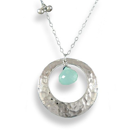 Hammered Sterling Silver Open Circle Pendant Necklace with Island Blue Chalcedony Stone, 18"