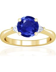 18K Yellow Gold Round Cut Blue Sapphire Three Stone Ring (GIA Certificate)