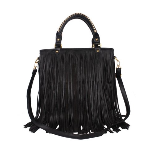 Exoticglitter Ladies Hand Shoulder Bag Black Fringe Double Tassel Tote Purse Arti- Leathere