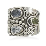Etruscan Wide Band Three Stone Iolite, Peridot, Blue Topaz Sterling Silver Ring