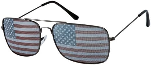 Classic Squared Aviators Style Designer Inspired Sunglass with American Flag Print - Gray Grame