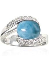 Sterling Silver Ring with Oval Larimar and Round White CZ (BTS-NRB6526/LR/CZWH/R)