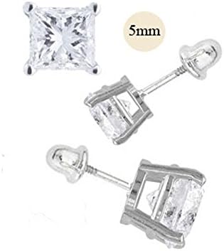 14K White Gold 5mm Princess Cut Simulated Diamond Stud Earring Set on High Quality Prong Setting, Screw Back Post