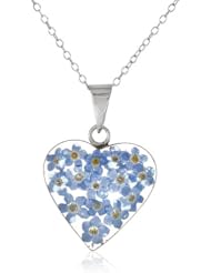 Sterling Silver and Light Blue Pressed Flower Heart Pendant Necklace, 16"