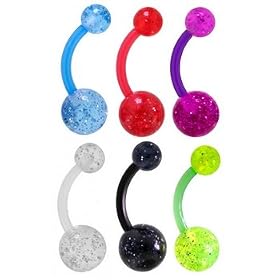 Set of 6 Bioplast UV Glitter Belly Button Ring