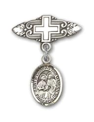 Sterling Silver Baby Badge with Sts. Cosmas & Damian Charm and Badge Pin with Cross
