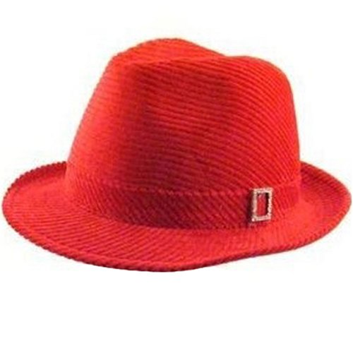 NEW COTTON CORDUROY FEDORA TRILBY HAT CAP with CRYSTAL BUCKLE * RED - Small / Medium