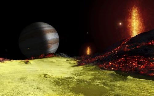 Volcanic activity on Jupiter's moon Io, with the planet Jupiter visible on the horizon. By: Fahad Sulehria / Stocktrek Images 14 x 11 Art Print