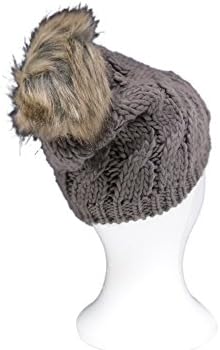Womens Warm and Stylish Ultra Soft Cable Knit Faux Fur PomPom Beanie Hat with Fleece Lining - Slate Gray