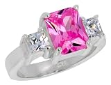 Sterling Silver 2.5 Carat Size Emerald Cut Pink Tourmaline CZ Bridal Ring