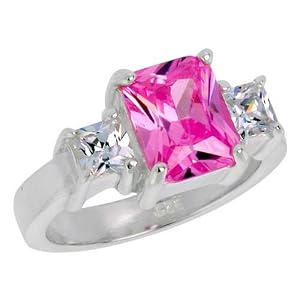 Buy Sterling Silver 2.5 Carat Size Emerald Cut Pink Tourmaline CZ Bridal Ring by Sabrina Silver