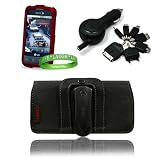 Reinforced RED Android 2.2 Phone OS LG Optimus S SmartPhone Hard Carrying Case Cover for LG Optimus S LS670  + Black Leather Case Holster with Optional Belt Clip & Attached Leather Button Latch + Compatible LG Optimus Car Charger + Live * Laugh * Love Vangoddy Wrist Band!!!