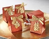 Double Happiness Asian-Themed Favor Box with Metallic-Gold Symbol and Bow (Set of 24)