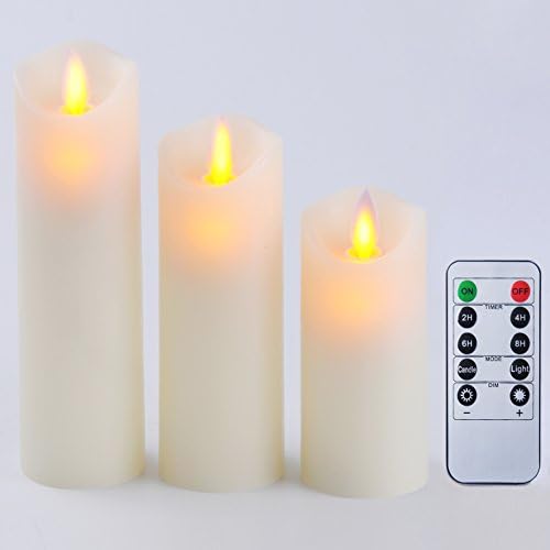 Bingolife 2" X 4"/5"/6" Classic Pillar Real Wax Dancing Flame LED Candles with Timer - Set of 3 (Ivory)
