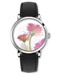 SPRAWL Aanalog Fashion Series Silver Ladies Watches of Genuine Black Leather Strap,Unique Wrist Watch for Women Girls Designed with Pink daisies with faces