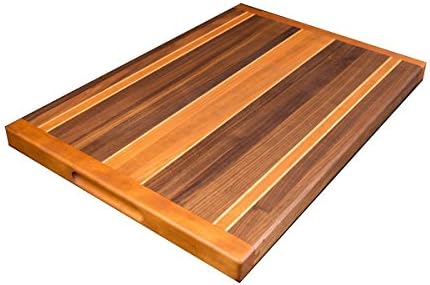 Polo Series Edge Grain Cutting Board 20-1/2" long x 14" wide x 1-1/4" thick in Walnut, Cherry and Red Oak hardwoods with Cherry Breadboard Ends