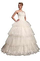 A-line Strapless Sweetheart  Dropped   Waistline Floor Length Lace Tiered Tulle  Ball Gown  Dress