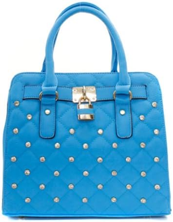 Womens Rhinestone Studded Top Handle Handbag with Pad Lock Decore (Blue)