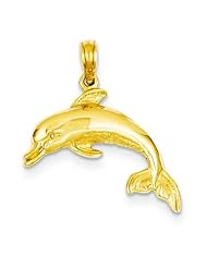 14K Yellow Gold Swimming Dolphin Charm Ocean Pendant
