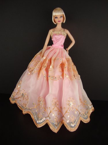 Pink Gown with Peach Accents and Sequins Made to Fit the Barbie Doll