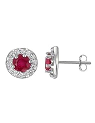 1 CT Ruby & Diamond Cluster Earrings 14k White Gold