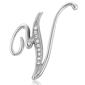 Silver Toned Initial Letter Brooch Pin - V - Ideal Gift For Mother Day, Anniversary, Engagement, Wedding, Birthday, For Her