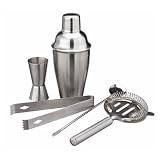 5 teiliges Cocktail Bar Set im gebuersteten Edelstahl Design (Shaker, Sieb, Messbecher, Loeffel, Zange) - Cocktailset