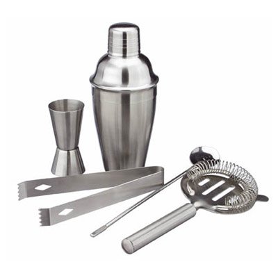 5 teiliges Cocktail Bar Set im gebuersteten Edelstahl Design (Shaker, Sieb, Messbecher, Loeffel, Zange) - Cocktailset