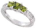 Sterling Silver Vintage Style Engagement ring, w/ two 4mm (.3 ct) & one 5mm (.63 ct) Princess Cut Peridot-colored CZ Stones, 3/16" (5mm) wide