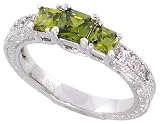 Sterling Silver Vintage Style Engagement ring, w/ two 4mm (.3 ct) & one 5mm (.63 ct) Princess Cut Peridot-colored CZ Stones, 3/16 (5mm) wide