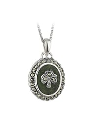 Sterling Silver and Marcasite Shamrock Marble Pendant Necklace - Made in Ireland