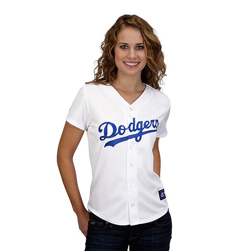 MLB Los Angeles Dodgers Women's Short Sleeve 5 Button Synthetic Replica Jersey (White, Small)