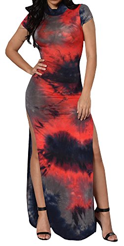 Bigyonger Women's Tie Dye Dress Vintage Short Sleeve Bodycon Cheongsam Dress