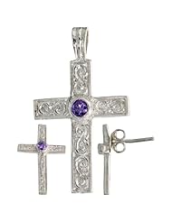 Sterling Silver Swirl-designed Latin Cross Earrings (16mm tall) & Pendant (28mm tall) Set, w/ Bezel Set Brilliant Cut Amethyst-colored CZ Stones