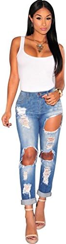 Forvery Womans Retro Denim Ripped Large Hole Long Jeans Pants Trousers XL