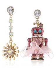 Betsey Johnson "Terrific Tutus" Robot and Flower Mismatch Drop Earrings
