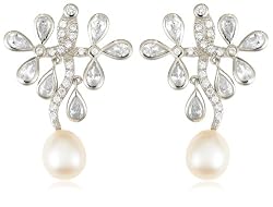 Sterling Silver White Freshwater Cultured Pearl and Cubic Zirconia Drop Earrings