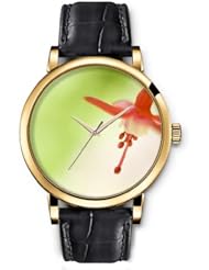 SPRAWL Aanalog Fashion Series Gold Ladies Watches of Genuine Black Leather Strap,Unique Wrist Watch for Women Girls Designed with Sprout on a green background