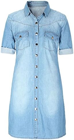 Coloroo Women's Denim Overalls Dress Lapel Roll Button Down Casual Dress
